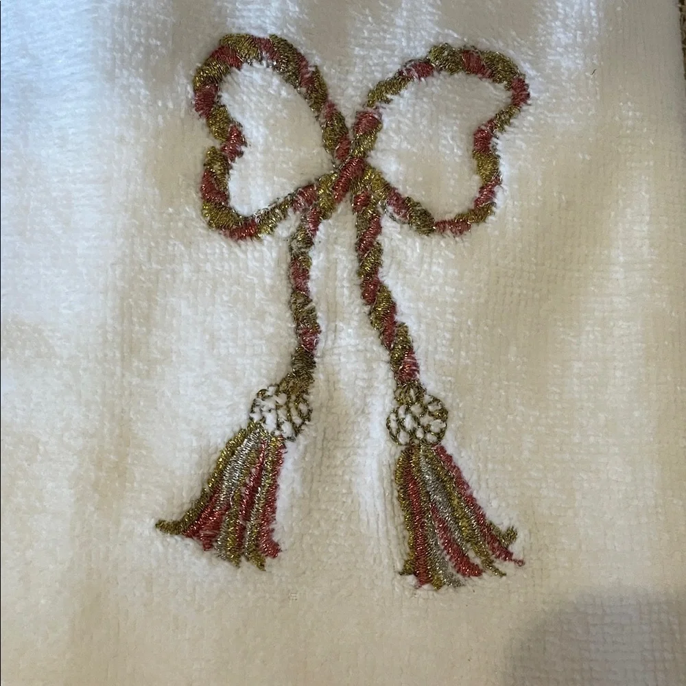 White Hand Towels with Embroidered Bow Tassel Design
